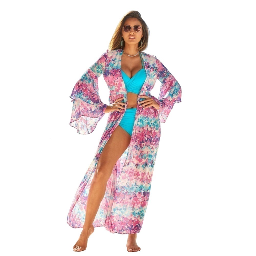 Boston Proper New Size M Floral Watercolor Pink Metallic Maxi Duster Cover Up